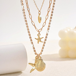 Золотой Бохо летний пляжный кулон в форме морской звезды с кристаллами и стразами 3 многослойные ожерелья для женщин, золотые, 15.35 дюйм (39 см) ~ 18.90 дюйм (48 см), 3 шт / комплект