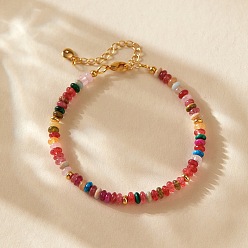 Piedra Mixta Pulseras hechas a mano con cuentas redondas de piedras preciosas mixtas naturales y sintéticas, con cadenas terminales de acero inoxidable., real 304 k chapado en oro, mezclado teñido y sin teñir, 18 pulgada (7.09 cm)