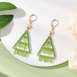 Золотой Серьги из стеклянных бусин ручной работы с застежкой-молнией, треугольник с листом, с латунными бусинами и акриловыми подвесками, золотые, 69.5x30 мм