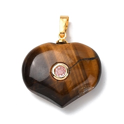 Тигровый глаз Природных тигровый глаз подвески, подвески в форме сердца с латунной микрофиброй и фианитами, золотые, 25.5x25x9 мм, отверстие : 6.5x4 мм