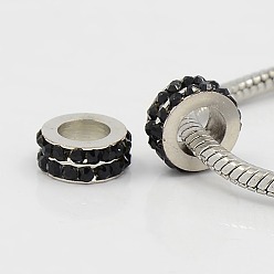 Черный Бусины с большим отверстием, Европейский бисером горный хрусталь латунь, рондель, платина, чёрные, 11x5 мм, отверстие : 6 мм