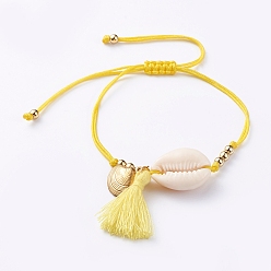 Gold Braided Bracelets, with Cotton Thread Tassel Pendants, Natural Cowrie Shell Beads, 304 Stainless Steel Pendants, Brass Beads and Nylon Thread, Gold, 1/2 inch~3-5/8 inch(1.4~9.2cm)