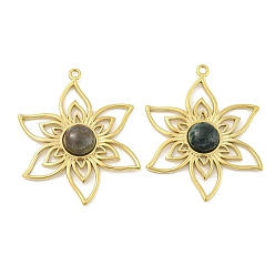 Real 14K Gold Plated Natural Agate Hollow Pendants, 304 Stainless Steel Flower Charms, Real 14K Gold Plated, 48x38.5x6mm, Hole: 2.2mm