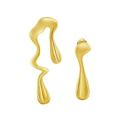 Real 18K Gold Plated 304 Stainless Steel Stud Earrings, Teardrop Asymmetrical Earrings, Real 18K Gold Plated, 38x13mm and 28x8mm