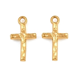 Golden 304 Stainless Steel Pendants, Ion Plating(IP), Hammered Cross Charms, Golden, 15x8.5x3mm, Hole: 1.4mm