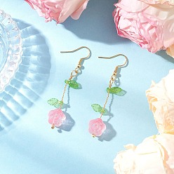 Pink Цветок стекло болтаться серьги, с акриловой, золотые, розовые, 60x12 мм