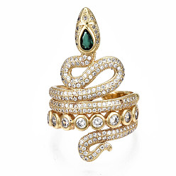 Настоящее золото 16K Латунь микро проложить кубический цирконий с широким диапазоном колец, манжеты кольца, открытые кольца, без никеля , змея, зелёные, реальный 16 k позолоченный, размер США 8, внутренний диаметр: 18 мм