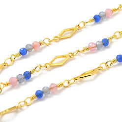Golden Brass Rhombus Handmade Beaded Chains, with Cat Eye Beads, with Spool, Unwelded, Golden, 13~19x3~4x1~3mm, about 32.81 Feet(10m)/Roll