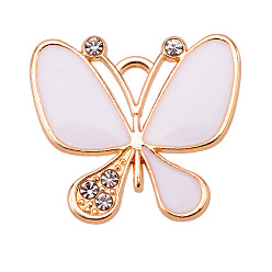 White Alloy Enamel Pendants, with Rhinestone, Butterfly Charm, Golden, White, 21x19mm