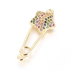 Golden Brass Micro Pave Cubic Zirconia Links connectors, Safety Pin Shape with Star, Colorful, Golden, 27x10x3.5mm, Hole: 1.2mm