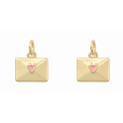 Pink Латунь эмаль прелести, конверт с сердцем, стойки покрытие, долговечный, без кадмия и без свинца, реальный 18 k позолоченный, с целью перехода в кольце, розовые, 10.5x11x3 мм, отверстие : 3.2 мм
