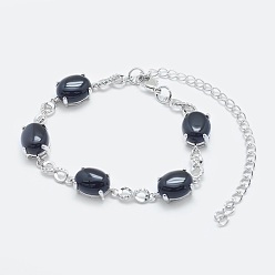 Black Agate Natural Black Agate Link Chain Bracelets, with Brass Findings, Real Platinum Plated, Oval and Infinity, 5-3/4 inch~6 inch(14.5~15cm)