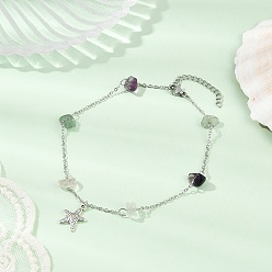 Морская звезда Браслеты на ногу с цепочкой из натурального флюорита, браслеты на ногу из сплава океана в тибетском стиле, античное серебро, морская звезда, 9-7/8 дюйм (250 мм), звезды: 14.5x11.5 мм