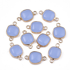 Cornflower Blue Glass Links connectors, with Brass Findings, Square, Golden, Cornflower Blue, 21x13x5~5.5mm, Hole: 2.5mm