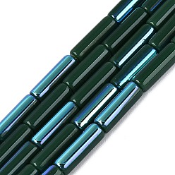 Dark Green Electroplate Opaque Glass Beads Strands, Tube, Rainbow Plated, Half Plated, Dark Green, 13~13.5x4~4.5mm, Hole: 0.5~0.8mm, about 27~30pcs/strand, 13.98~15.75 inch(35.5~40cm)