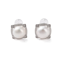 Platinum 925 Sterling Silver Studs Earring, with Cubic Zirconia and Natural Pearl, Square, Platinum, 10x12.5mm