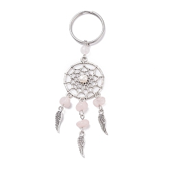 Розовый Кварц Сплав брелок, с бусинами из натурального культивированного пресноводного жемчуга класса А, бусины из натуральных драгоценных камней и 304 разрезные кольца для ключей из нержавеющей стали, тканая сеть / паутина с пером, 110 мм