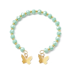 Aquamarine Glass Round Beaded Cuff Bangles, with Golden Brass Butterfly Charms, Aquamarine, Inner Diameter: 2-1/8 inch(5.5cm)