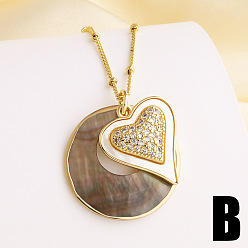 Oro Collares para mujer con colgante plano redondo en forma de corazón, adornados con latón, circonitas cúbicas transparentes y concha de paua natural., dorado, dorado, 17.32 pulgada (44 cm), colgante: 25 mm y 21x18 mm