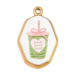 Pale Green Printed 304 Stainless Steel Pendants, Polygon with Drink Charms, Golden, Pale Green, 25x15.5x2.5mm, Hole: 1.7mm