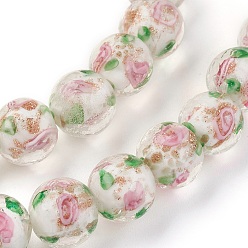 Antique White Handmade Gold Sand Lampwork Beads Strands, Inner Flower, Round, Antique White, 10x9mm, Hole: 1mm, about 40~42pcs/strand, 14.56 inch~14.96 inch(37~38cm)