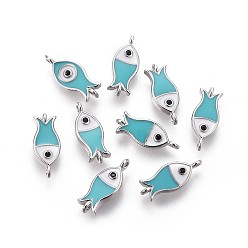 Платинированный Соединители латунные эмалевые звенья, долговечный, рыба, бирюзовые, Реальная платина, 15x6x2 мм, отверстие : 1 мм