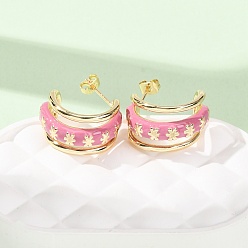 Real 18K Gold Plated Rack Plating Brass Enamel Stud Earrings, Flower Pattern, Half Hoop Earrings, Cadmium Free & Lead Free, Long-Lasting Plated, Real 18K Gold Plated, 20x12mm