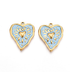 Светло-Голубой 304 подвески из нержавеющей стали, с эмалью, сердце прелести, ионное покрытие (ip), реальный 18 k позолоченный, Небесно-голубой, 25.5x21x3 мм, отверстие : 1.6~1.8 мм