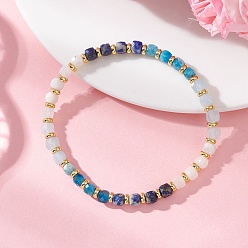 Смешанные камни Эластичные браслеты из натурального лазурита, аквамарина, радужного лунного камня и апатита., кубические, с золотыми латунными бисера, бусины : 4 мм, внутренний диаметр: 2.09 дюйм (5.3 см)