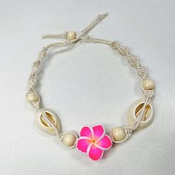 Темно-Розовый Плюмерия цветок полимерная глина бусины плетеные браслеты из бусин для женщин, с регулируемым вощеным шнуром и натуральной оболочкой, темно-розовыми, 11 дюйм (28 см)