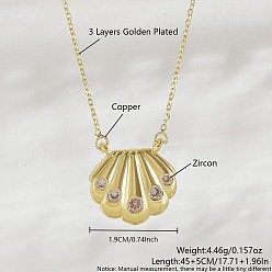 Shell Shape Ожерелья с подвесками Ocean Summer из латуни с прозрачными кубическими цирконами и паве, золотые, формы раковины, 17.72 дюйм (45 см), Кулон : 19 мм