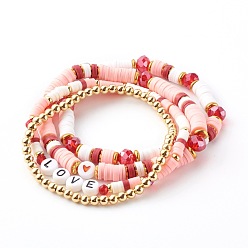 Pink Stretch Beaded Bracelets Sets, Stackable Bracelets, with Polymer Clay Heishi Beads, Glass & Brass Beads, Word Love, Golden, Pink, Inner Diameter: 2~2-1/4 inch(5~5.7m), 4pcs/set