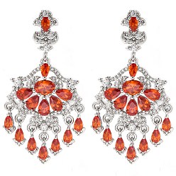 Оранжево-Красный Латунь микро проложить кубический цирконий болтаться серьги стержня, цветок, платина, оранжево-красный, 53x27 мм