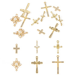 Золотой 12 шт. 6 стили подвески-крестики из сплава со стразами и пластиковыми жемчужинами и комплекты фурнитуры для звеньев, золотые, 16~33.5x9.5~20.5x2~7.5 мм, отверстие : 1.6~2 мм, 2 шт / стиль