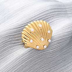 Золотой Регулируемые манжеты из нержавеющей стали для женщин, с имитацией жемчуга, формы раковины, золотые, 25x30 мм, внутренний диаметр: 19 мм