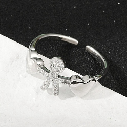 Платина Регулируемые манжеты-кольца из латуни с микропаве из кубического циркония для женщин, Человек с сердцем, стойки покрытие, без кадмия и без свинца, долговечный, платина, 10 мм, внутренний диаметр: регулируемый