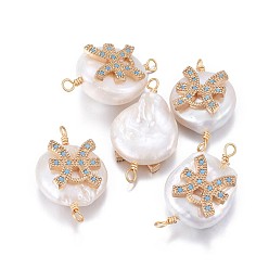 Pisces Natural Pearl Links connectors, with Brass Micro Pave Cubic Zirconia Findings, Flat Round with Constellation, Golden, Deep Sky Blue, Pisces, 20~26x9~17x5~11mm, Hole: 1.6mm