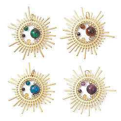 (52) Непрозрачная лаванда Подвески из натурального тигрового глаза и агата, солнечные подвески со стеклянными бусинами и латунной фурнитурой, золотые, смешанные окрашенные и неокрашенные, разноцветные, 41.5x43.5x8.5 мм, отверстие : 4.5 мм