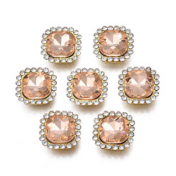 Licht Pfirsich Nähen auf Rhinestone, transparenter Glasrhinestone, mit eisernen Krappenfassungen, facettiert, Viereck, Licht Pfirsich, 14x14x6.5 mm, Bohrung: 1.5 mm