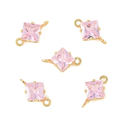 Розовый Латунные подвески-ромбы с кубическим цирконием, инкрустированные фианитами., без кадмия, без никеля и без свинца, реальный 18 k позолоченный, туманная роза, 11x6.5x4 мм, отверстие : 1 мм