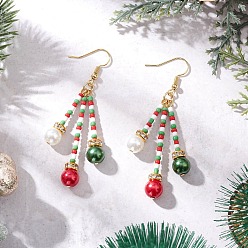 Золотой Рождественские стеклянные бусины и стеклянные жемчужины круглые серьги, с  латунными крючками для серег, золотые, 66.5 мм