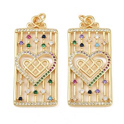 Разноцветный Латунные микро проложить кубического циркония подвески, без кадмия и без свинца, Прямоугольник с сердцем, реальный 18 k позолоченный, красочный, 40.5x19x3 мм, отверстие : 3 мм