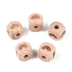 Радуга Гравированные бусины из бука, неокрашенными, кубические, радуга, 12x12x12 мм, отверстие : 4~4.5 мм