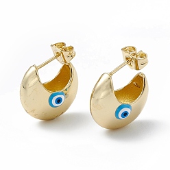 Deep Sky Blue Enamel Crescent Moon with Evil Eye Stud Earrings, Real 18K Gold Plated Brass Half Hoop Earrings for Women, Deep Sky Blue, 16.5x18mm, Pin: 1mm
