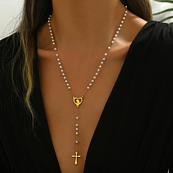 Белый 201 четки из нержавеющей стали и пластика, сердце с кисточкой из девственного креста и ожерелья для женщин, золотые, белые, 20.47 дюйм (52 см)