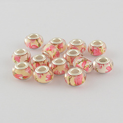 Бледно-фиолетовый Красный Бусины из смолы европейского стиля с большим отверстием , с серебряного цвета латуни двойные сердечники, рондель, бледно-фиолетовый красный, 14x9 мм, отверстие : 5 мм