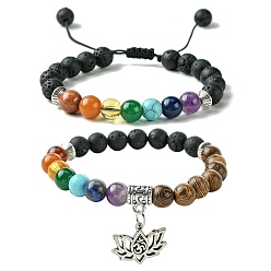 Mixed Stone 2Pcs 2 Styles Chakra 8mm Gemstone Round Beaded Braided & Stretch Bracelet Sets, Lotus Flower Alloy Charm Stackable Bracelets, Inner Diameter: 2~3-1/8 inch(5.2~8cm), 1pc/style