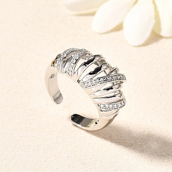 Платина Латунные кольца-манжеты с микропаве и прозрачным цирконием для женщин, стойки покрытие, долговечный, без свинца и без кадмия, платина, 12 мм, внутренний диаметр: 18 мм