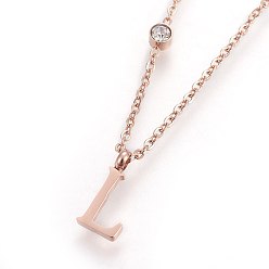 Letter L 304 Edelstahl-Halsketten, mit Glas Strass, Kristall, Roségold, letter.l, 16.1~16.5 Zoll (41~42 cm), Anhänger: 11x5~8.5x1 mm