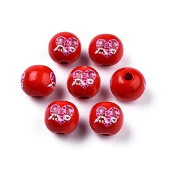 Mixed Shapes Valentine's Day Theme Printed Wooden Beads, Round, Mixed Color, Mixed Shapes, 15.5~16x15mm, Hole: 3.5mm